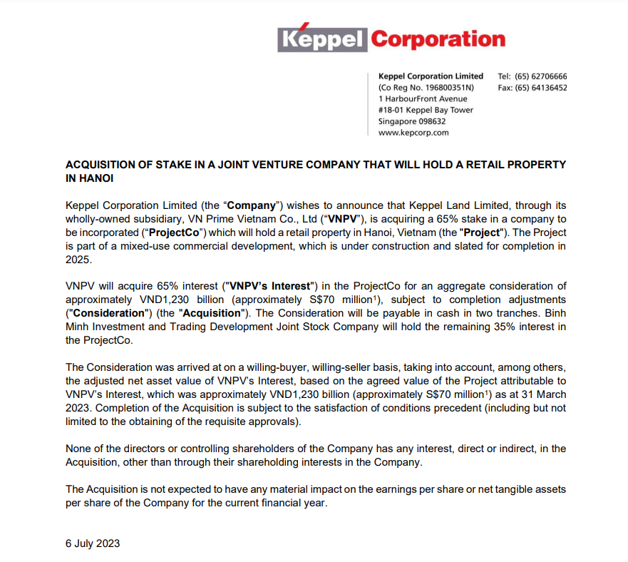 Công ty con của Keppel Land chi 1.200 tỷ mua lại một bất động sản bán lẻ tại Hà Nội