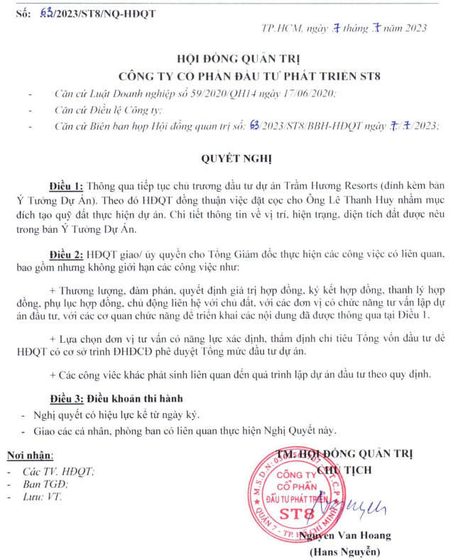 ST8 thông qua chủ trương tiếp tục đầu tư dự án Trầm Hương Resort