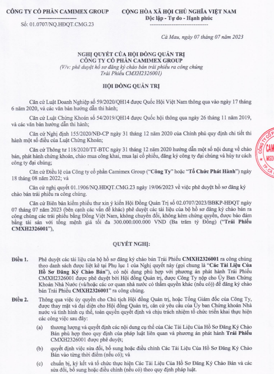 Nghị quyết của HĐQT thông qua việc huy động 300 tỷ đồng trái phiếu