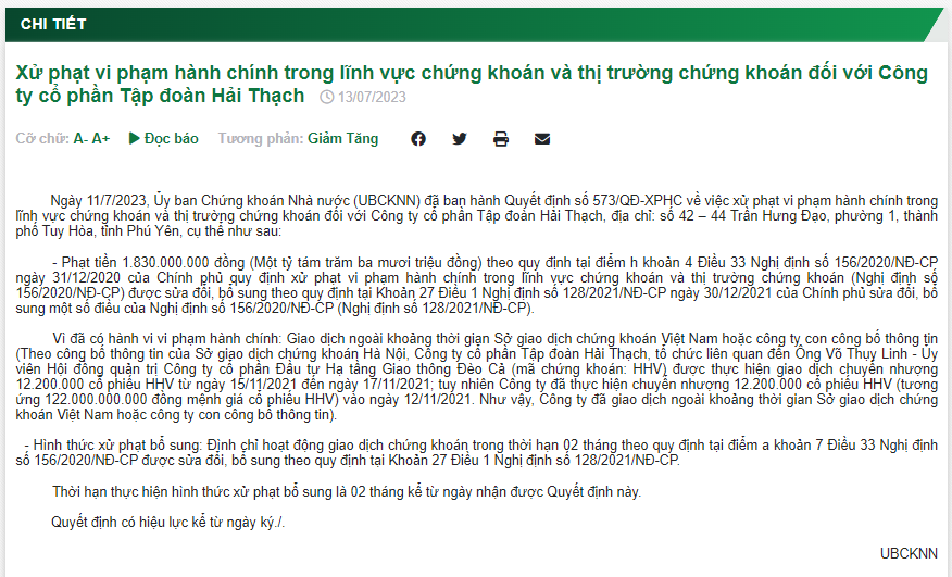 Bán “chui” cổ phiếu HHV, một doanh nghiệp bị phạt 1,8 tỷ đồng