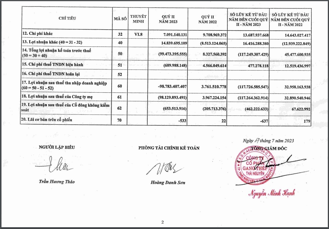 Nguồn: BCTC hợp nhất quý II/2023 của Gang thép Thái Nguyên.
