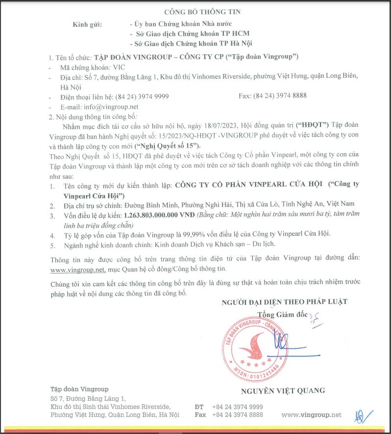 Thông tin công bố về việc thành lập Công ty CP Vinpearl Cửa Hội của Vingroup.