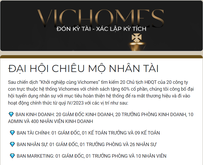 Vichomes tuyển dụng hơn 500 nhân sự phát triển kinh doanh bất động sản
