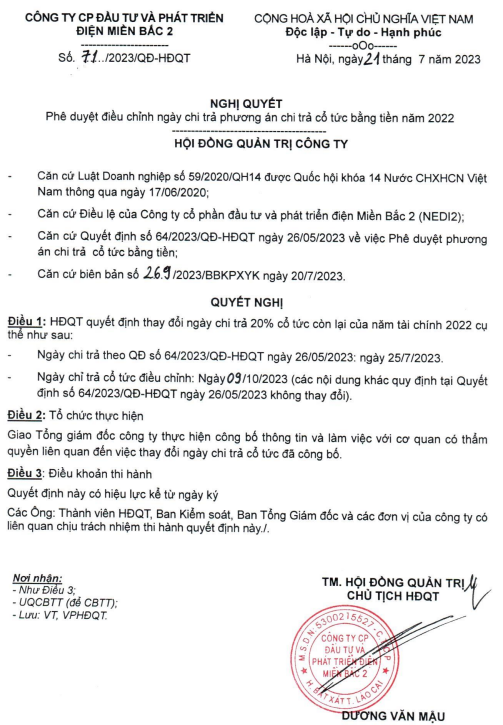 Nghị quyết phê duyệt điều chỉnh ngày chi trả phương án chi trả cổ tức bằng tiền mặt