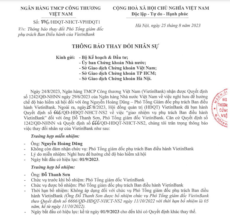 VietinBank có Phó TGĐ phụ trách Ban điều hành mới từ 1/9/2023