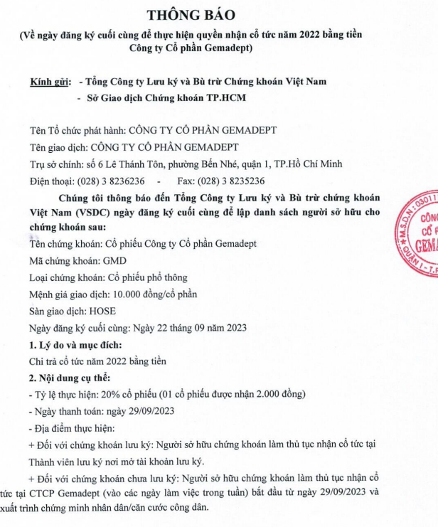 Gemadept sắp chi gần 612 tỷ đồng trả cổ tức