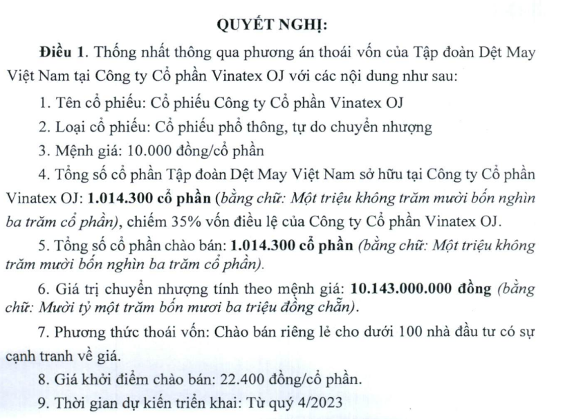 Nghị quyết HĐQT Vinatex về việc thoái vốn tại công ty liên kết