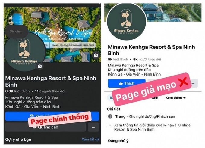 Fanpage Facebook chính thống và giả mạo của Khu nghỉ dưỡng Minawa Kênh Gà.