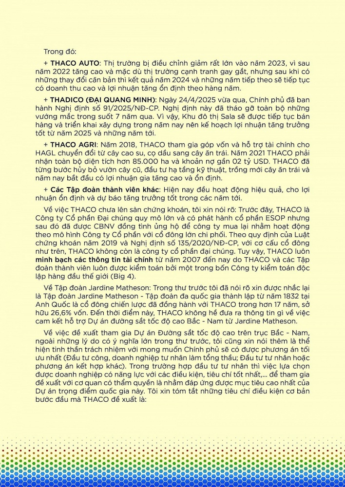 Ngày 4/6, Chủ tịch THACO Trần Bá Dương gửi thư đến cổ đông, đối tác và CBNV chia sẻ những kết quả nổi bật và định hướng chiến lược trọng yếu của tập đoàn