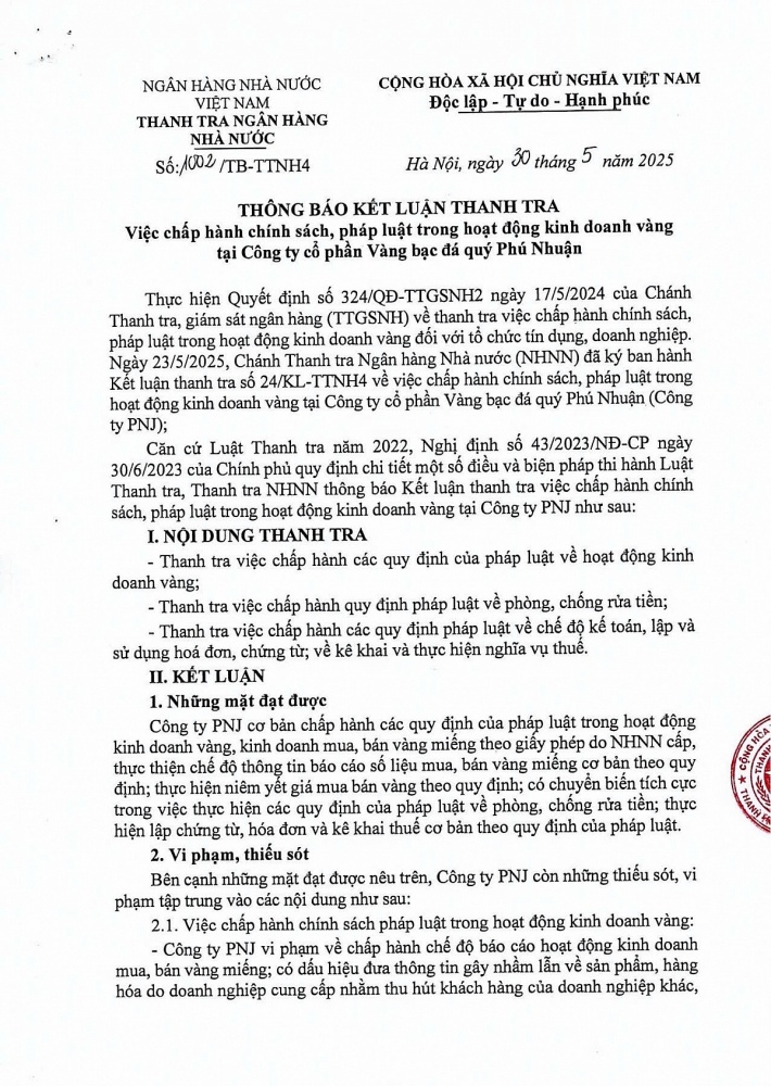 Thanh tra NHNN thông báo Kết luận thanh tra việc chấp hành chính sách, pháp luật trong hoạt động kinh doanh vàng tại Công ty PNJ. Nguồn: Cổng thông tin điện tử NHNN Việt Nam.