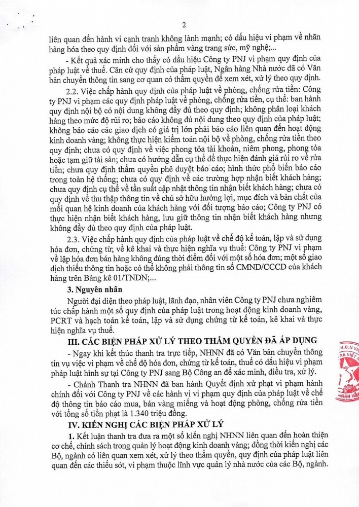 Thanh tra NHNN thông báo Kết luận thanh tra việc chấp hành chính sách, pháp luật trong hoạt động kinh doanh vàng tại Công ty PNJ. Nguồn: Cổng thông tin điện tử NHNN Việt Nam.