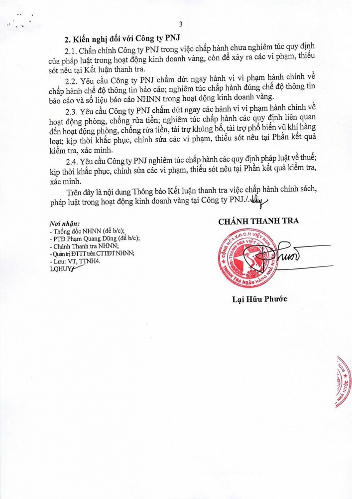 Thanh tra NHNN thông báo Kết luận thanh tra việc chấp hành chính sách, pháp luật trong hoạt động kinh doanh vàng tại Công ty PNJ. Nguồn: Cổng thông tin điện tử NHNN Việt Nam.