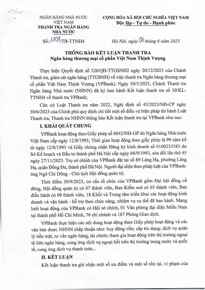 Thanh tra NHNN thông báo Kết luận thanh tra tại VPBank. Nguồn: Cổng thông tin điện tử NHNN Việt Nam.