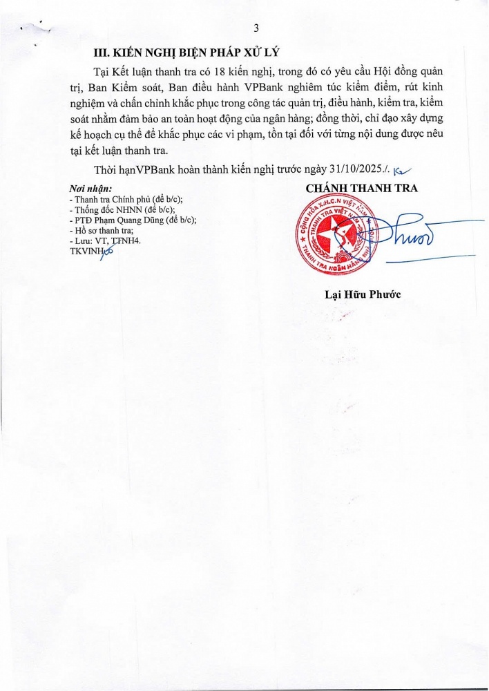 Thanh tra NHNN thông báo Kết luận thanh tra tại VPBank. Nguồn: Cổng thông tin điện tử NHNN Việt Nam.