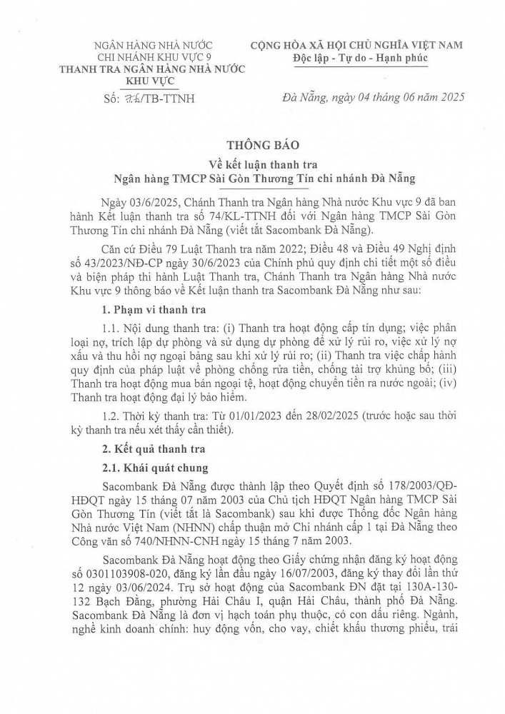 Kết luận thanh tra Ngân hàng TMCP Sài Gòn Thương Tín chỉ nhánh Đà Nẵng. Nguồn: Cổng thông tin điện tử NHNN Việt Nam.