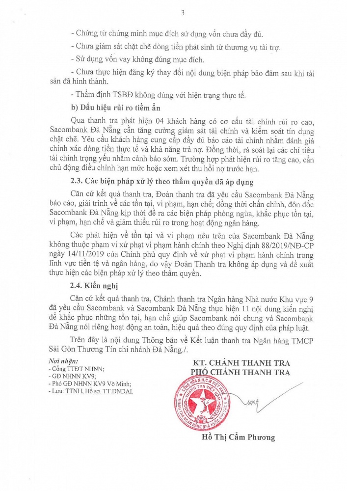 Kết luận thanh tra Ngân hàng TMCP Sài Gòn Thương Tín chỉ nhánh Đà Nẵng. Nguồn: Cổng thông tin điện tử NHNN Việt Nam.