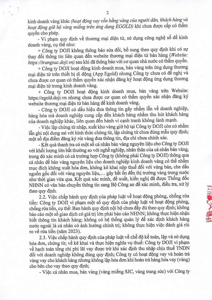 Thanh tra NHNN thông báo Kết luận thanh tra việc chấp hành chính sách, pháp luật trong hoạt động kinh doanh vàng tại Công ty DOJI.Nguồn: Cổng thông tin điện tử NHNN Việt Nam.