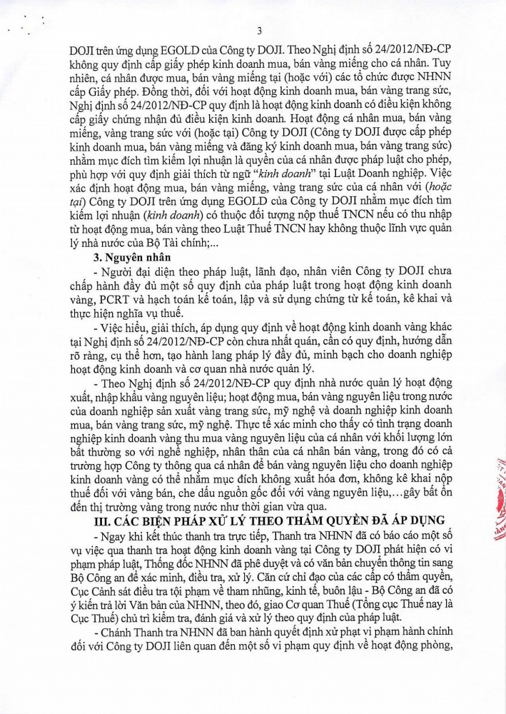 Thanh tra NHNN thông báo Kết luận thanh tra việc chấp hành chính sách, pháp luật trong hoạt động kinh doanh vàng tại Công ty DOJI.Nguồn: Cổng thông tin điện tử NHNN Việt Nam.