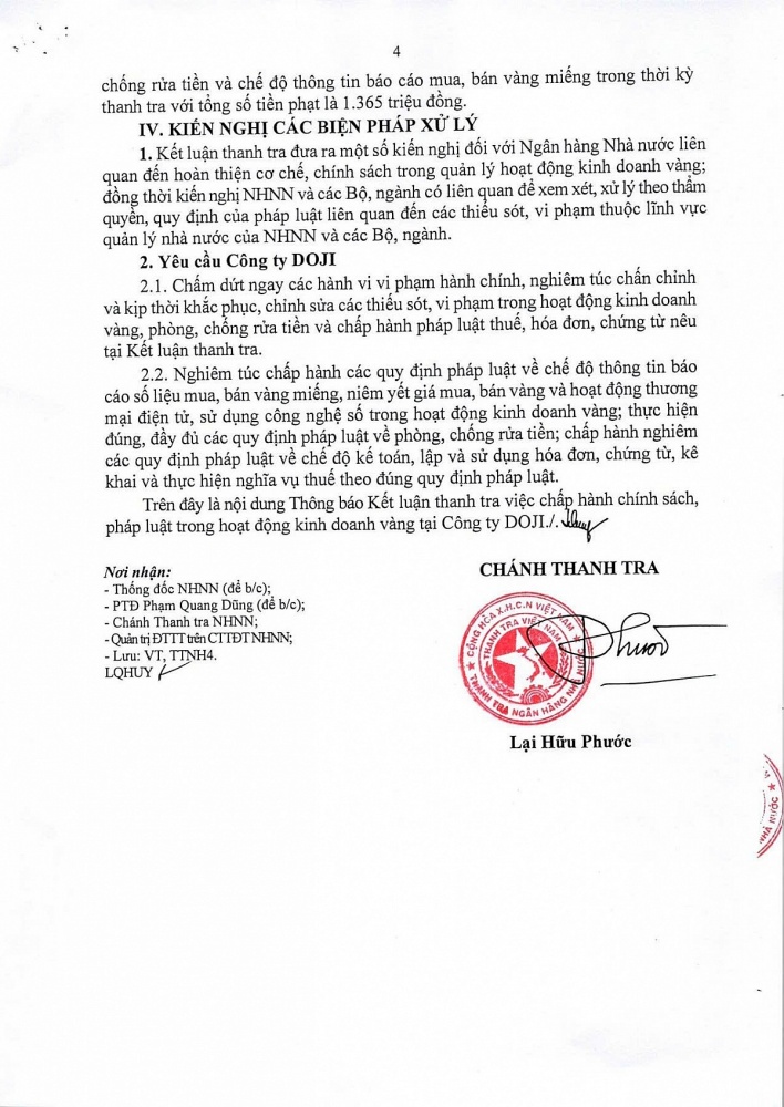 Thanh tra NHNN thông báo Kết luận thanh tra việc chấp hành chính sách, pháp luật trong hoạt động kinh doanh vàng tại Công ty DOJI.Nguồn: Cổng thông tin điện tử NHNN Việt Nam.
