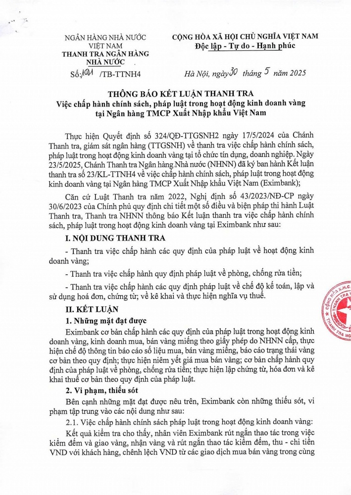 Thanh tra NHNN thông báo Kết luận thanh tra việc chấp hành chính sách, pháp luật trong hoạt động kinh doanh vàng tại Eximbank. Nguồn: Cổng thông tin điện tử NHNN Việt Nam.