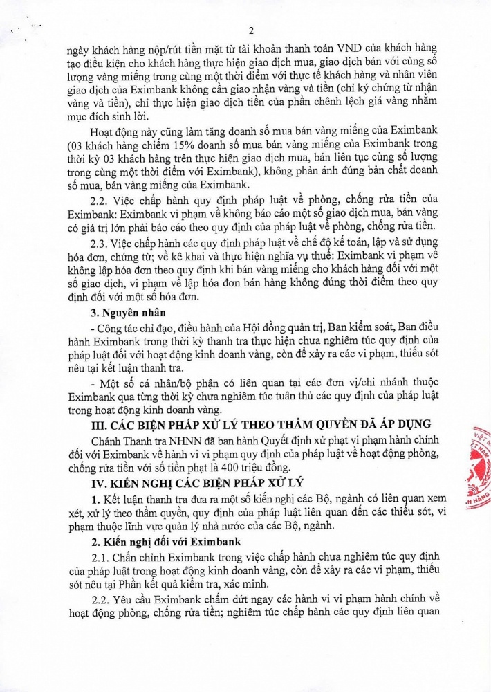 Thanh tra NHNN thông báo Kết luận thanh tra việc chấp hành chính sách, pháp luật trong hoạt động kinh doanh vàng tại Eximbank. Nguồn: Cổng thông tin điện tử NHNN Việt Nam.