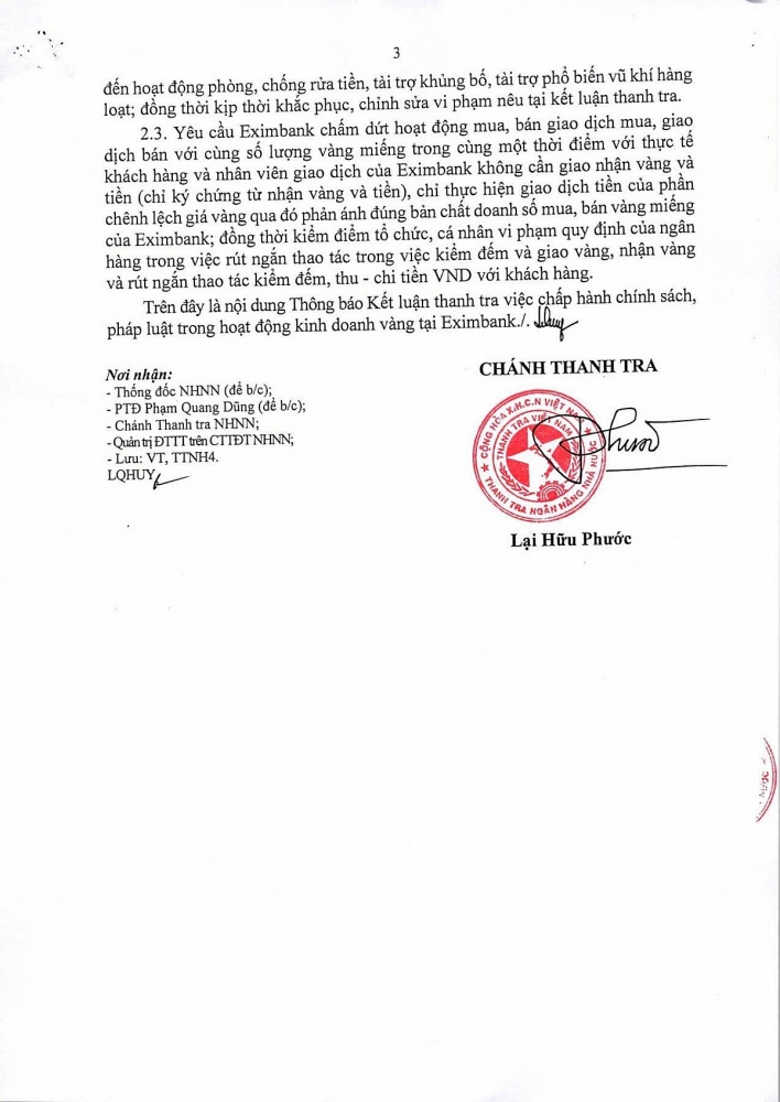Thanh tra NHNN thông báo Kết luận thanh tra việc chấp hành chính sách, pháp luật trong hoạt động kinh doanh vàng tại Eximbank. Nguồn: Cổng thông tin điện tử NHNN Việt Nam.