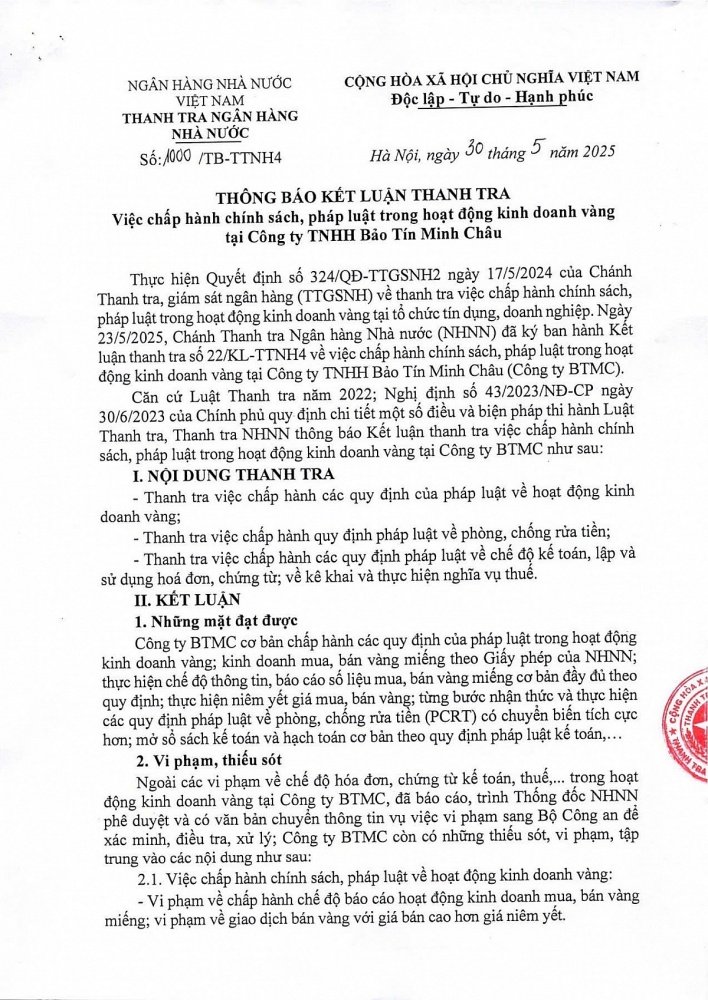 Thanh tra NHNN thông báo Kết luận thanh tra việc chấp hành chính sách, pháp luật trong hoạt động kinh doanh vàng tại Công ty TNHH Bảo Tín Minh Châu. Nguồn: Cổng thông tin điện tử NHNN Việt Nam.