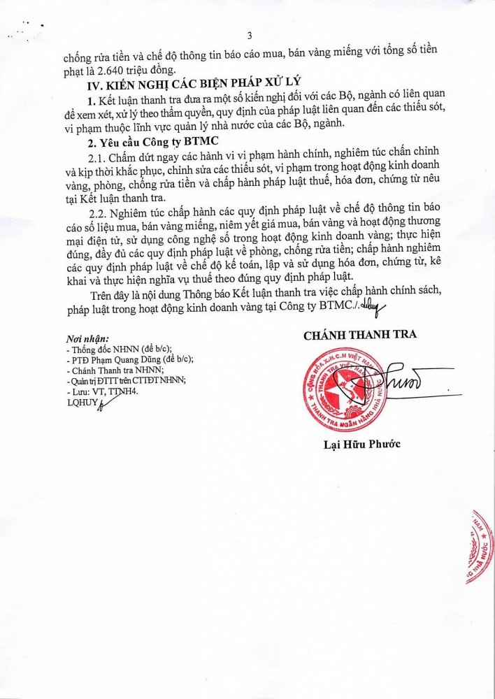Thanh tra NHNN thông báo Kết luận thanh tra việc chấp hành chính sách, pháp luật trong hoạt động kinh doanh vàng tại Công ty TNHH Bảo Tín Minh Châu.