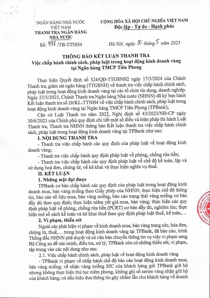 Thanh tra NHNN thông báo Kết luận thanh tra việc chấp hành chính sách, pháp luật trong hoạt động kinh doanh vàng tại TPBank. Nguồn: Cổng thông tin điện tử NHNN Việt Nam.