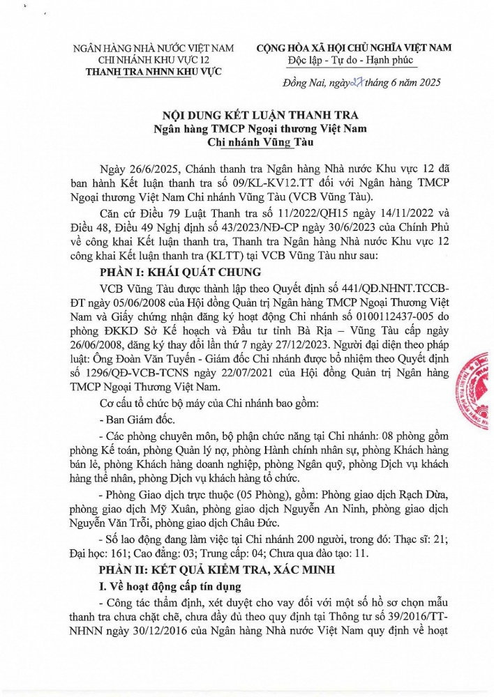 Thanh tra Ngân hàng Nhà nước Khu vực 12 công khai Kết luận thanh tra (KLTT) tại VCB Vũng Tàu. 