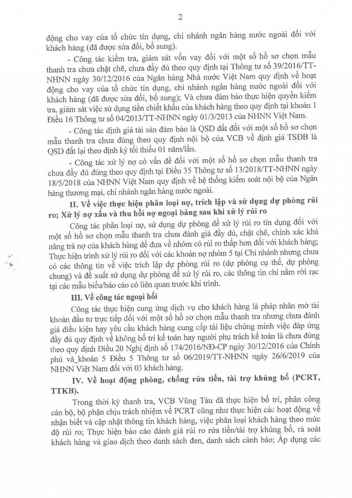 Thanh tra Ngân hàng Nhà nước Khu vực 12 công khai Kết luận thanh tra (KLTT) tại VCB Vũng Tàu 