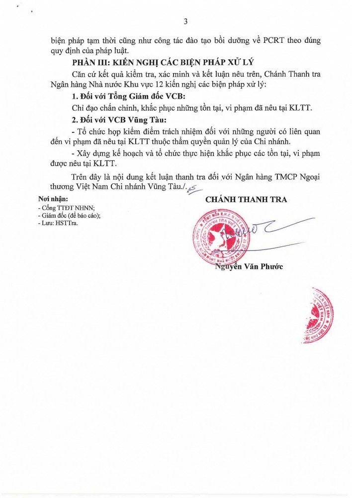 Thanh tra Ngân hàng Nhà nước Khu vực 12 công khai Kết luận thanh tra (KLTT) tại VCB Vũng Tàu.