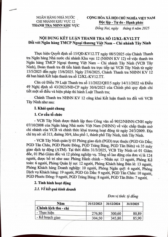 Chánh Thanh tra NHNN KV 12 công khai Kết luận thanh tra đối với VCB Tây Ninh.