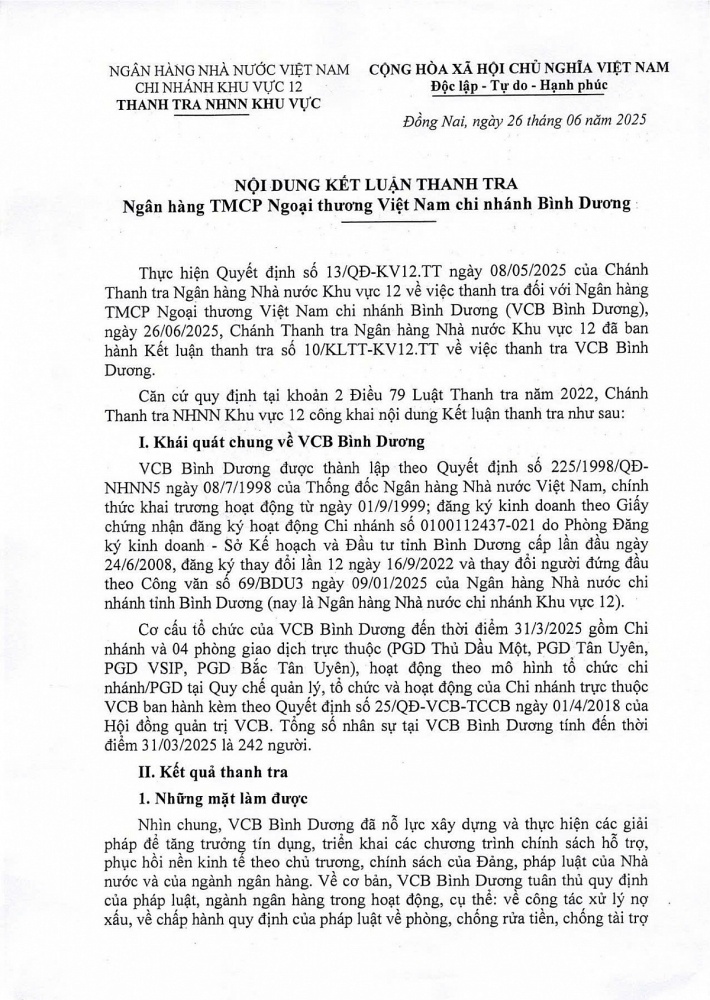 Chánh Thanh tra Ngân hàng Nhà nước Khu vực 12 đã ban hành Kết luận thanh tra số 10/KLTT-KV12.TT về việc thanh tra VCB Bình Dương.