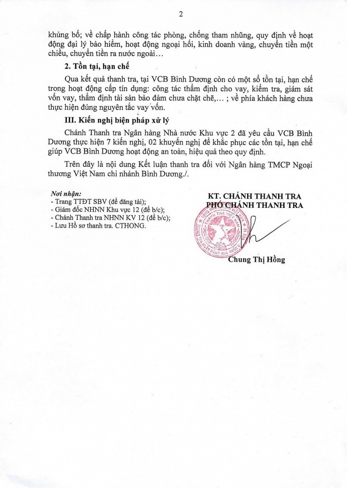 Chánh Thanh tra Ngân hàng Nhà nước Khu vực 12 đã ban hành Kết luận thanh tra số 10/KLTT-KV12.TT về việc thanh tra VCB Bình Dương.