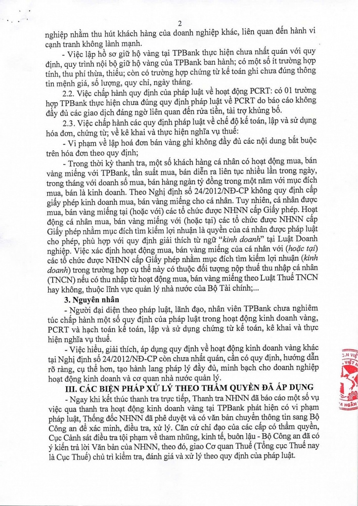 kết luận thanh tra về việc chấp hành chính sách, pháp luật trong hoạt động kinh doanh vàng tại Ngân hàng TMCP Tiên Phong (TPBank).