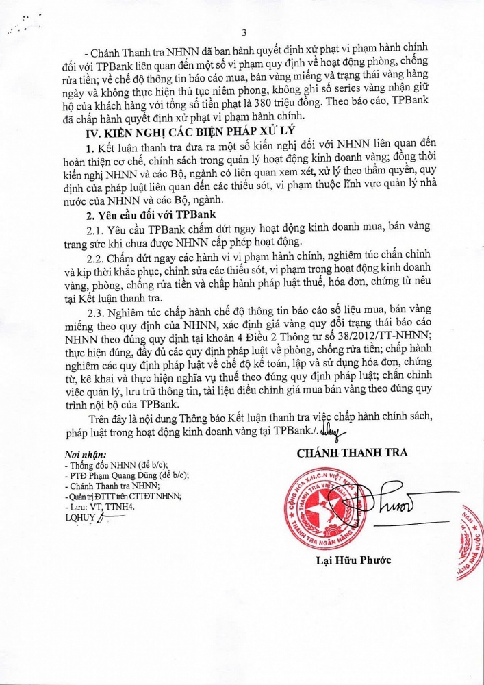 kết luận thanh tra về việc chấp hành chính sách, pháp luật trong hoạt động kinh doanh vàng tại Ngân hàng TMCP Tiên Phong (TPBank).