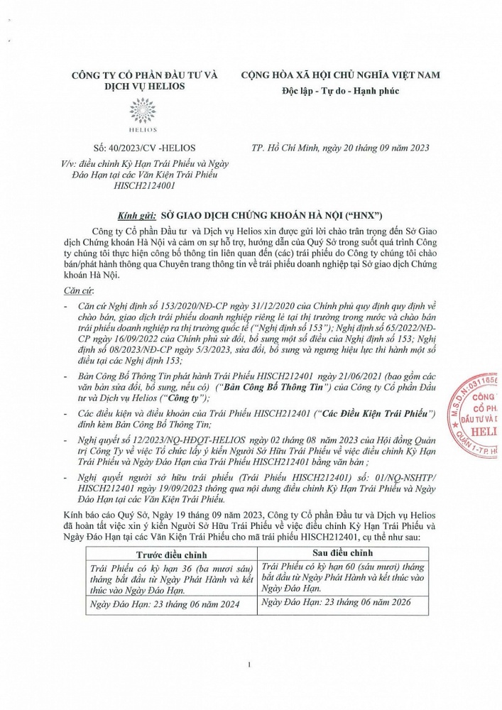 Công văn điều chỉnh Kỳ Hạn Trái Phiếu và Ngày Đáo Hạn tại các Văn Kiên Trái Phiếu HISCH2124001.