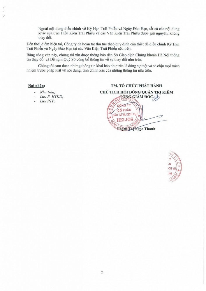 Công văn điều chỉnh Kỳ Hạn Trái Phiếu và Ngày Đáo Hạn tại các Văn Kiên Trái Phiếu HISCH2124001.