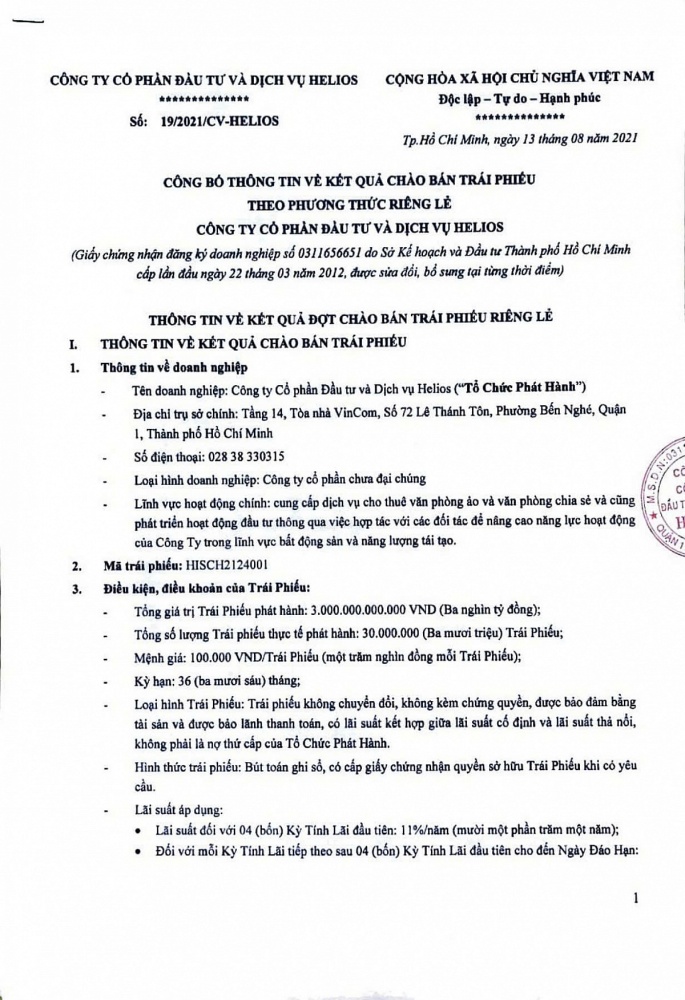 Công văn điều chỉnh Kỳ Hạn Trái Phiếu và Ngày Đáo Hạn tại các Văn Kiên Trái Phiếu HISCH2124001.