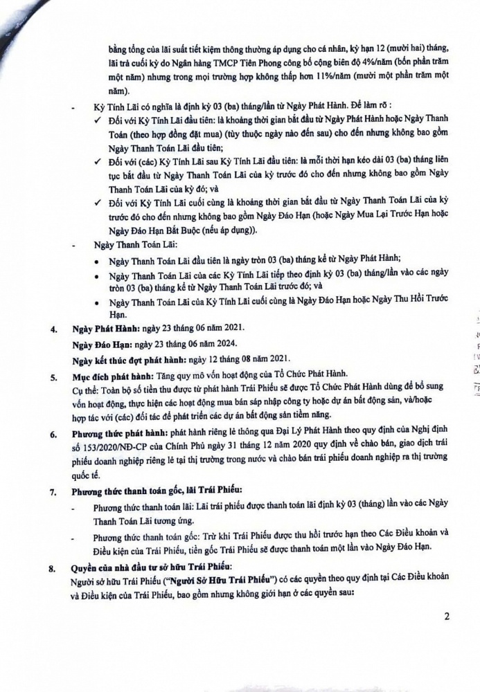 Công văn điều chỉnh Kỳ Hạn Trái Phiếu và Ngày Đáo Hạn tại các Văn Kiên Trái Phiếu HISCH2124001.