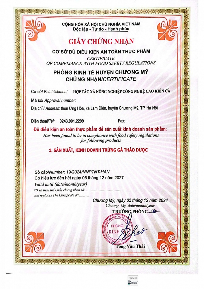 Giấy chứng nhận cơ sở đủ điều kiện an toàn thực phẩm. Ảnh: ĐVCC