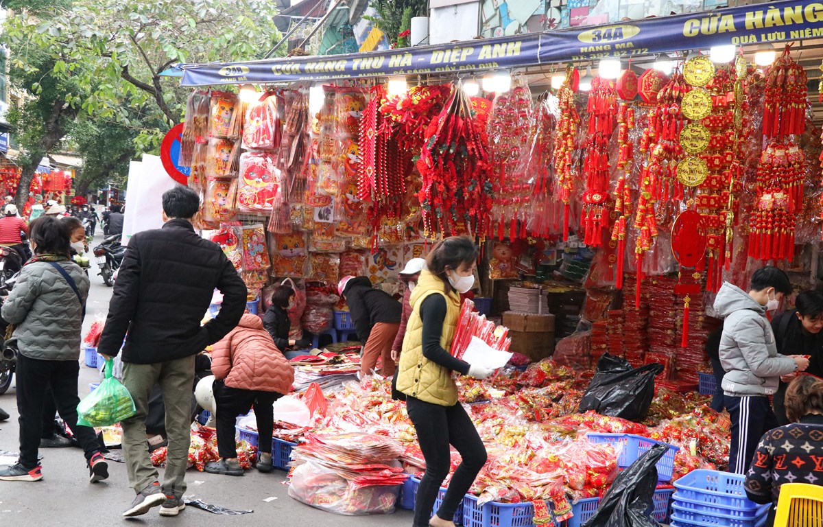 Các cửa hàng kinh doanh tất bật chuẩn bị hàng hoá phục vụ nhu cầu trang trí dịp Tết của người tiêu dùng. (Ảnh: Việt Anh/Vietnam+)