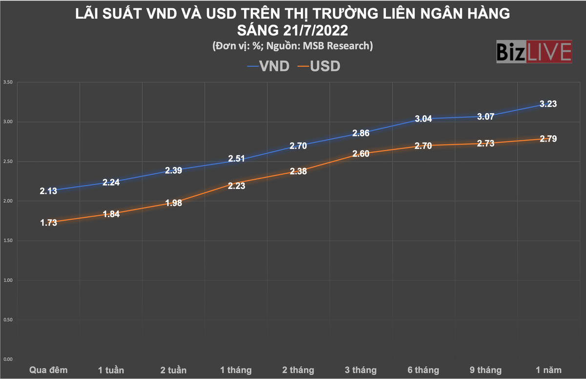 L&atilde;i suất VND đ&atilde; cao hơn l&atilde;i suất USD tr&ecirc;n li&ecirc;n ng&acirc;n h&agrave;ng ở tất cả c&aacute;c kỳ hạn, thay v&igrave; thấp s&acirc;u c&aacute;c kỳ hạn ngắn suốt thời gian qua