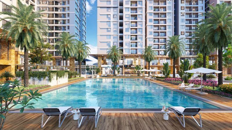 Tổ hợp hồ bơi với quầy bar v&agrave; s&agrave;n tắm nắng như resort tại Hanoi Melody Residences